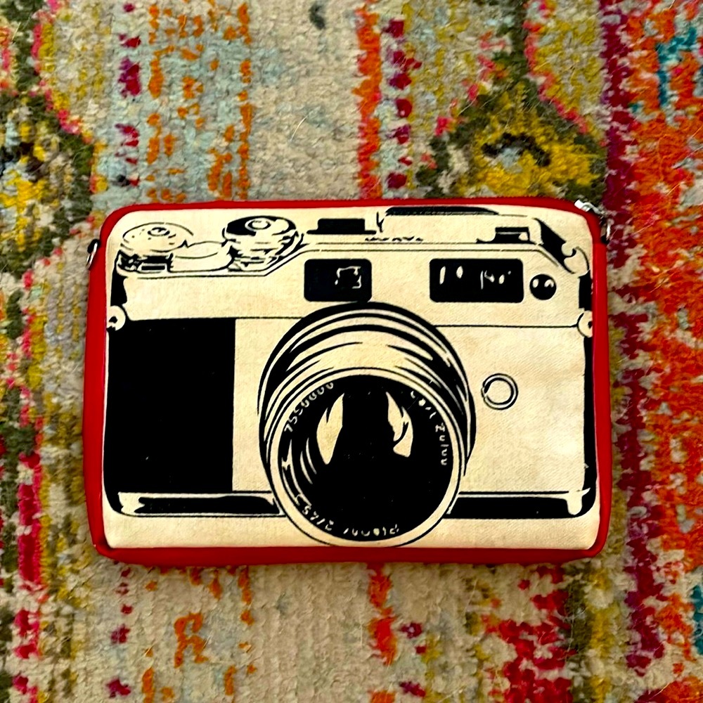 Vintage Red, Black & Cream Camera Print Clutch
